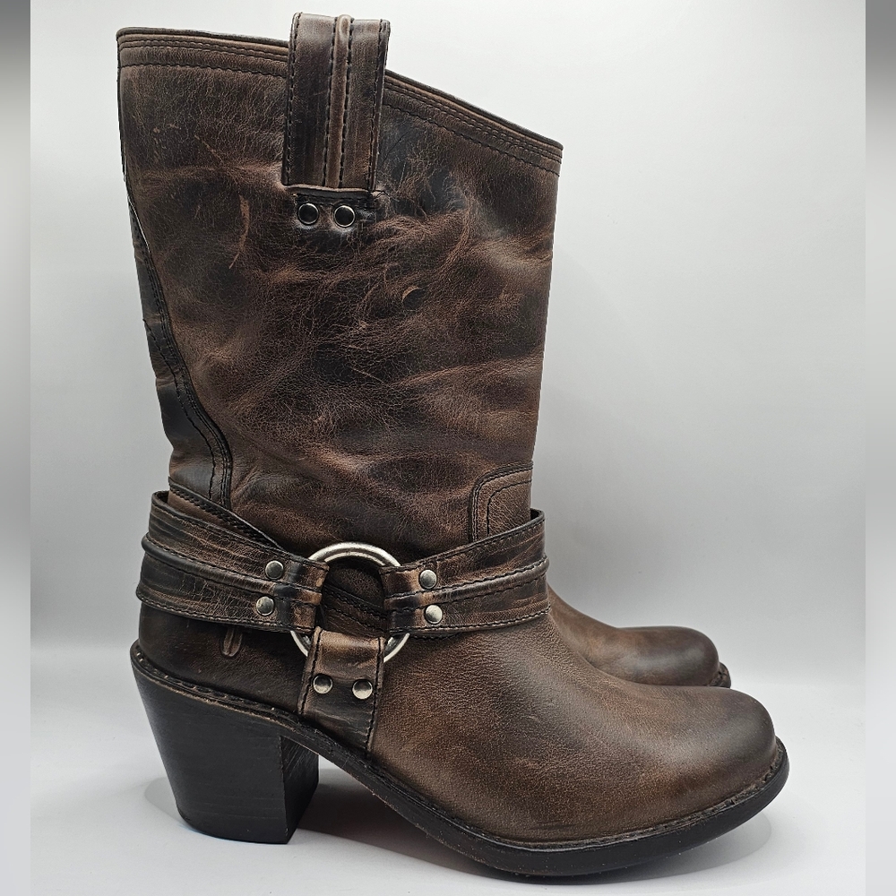 Frye Carmen Brown Leather Harness Short Boots